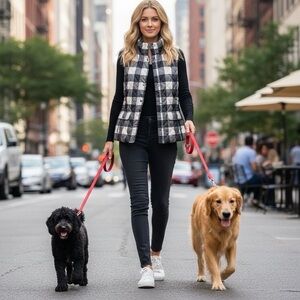 TALBOTS Black White Buffalo Plaid Quilted Puffer Vest Preppy Classic Med Petite